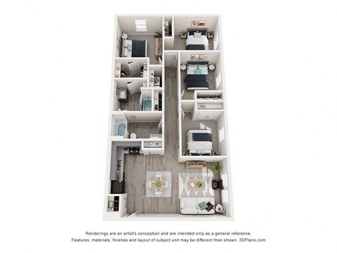 Floor plan for 4 beds, 2 baths, 1250 sqft